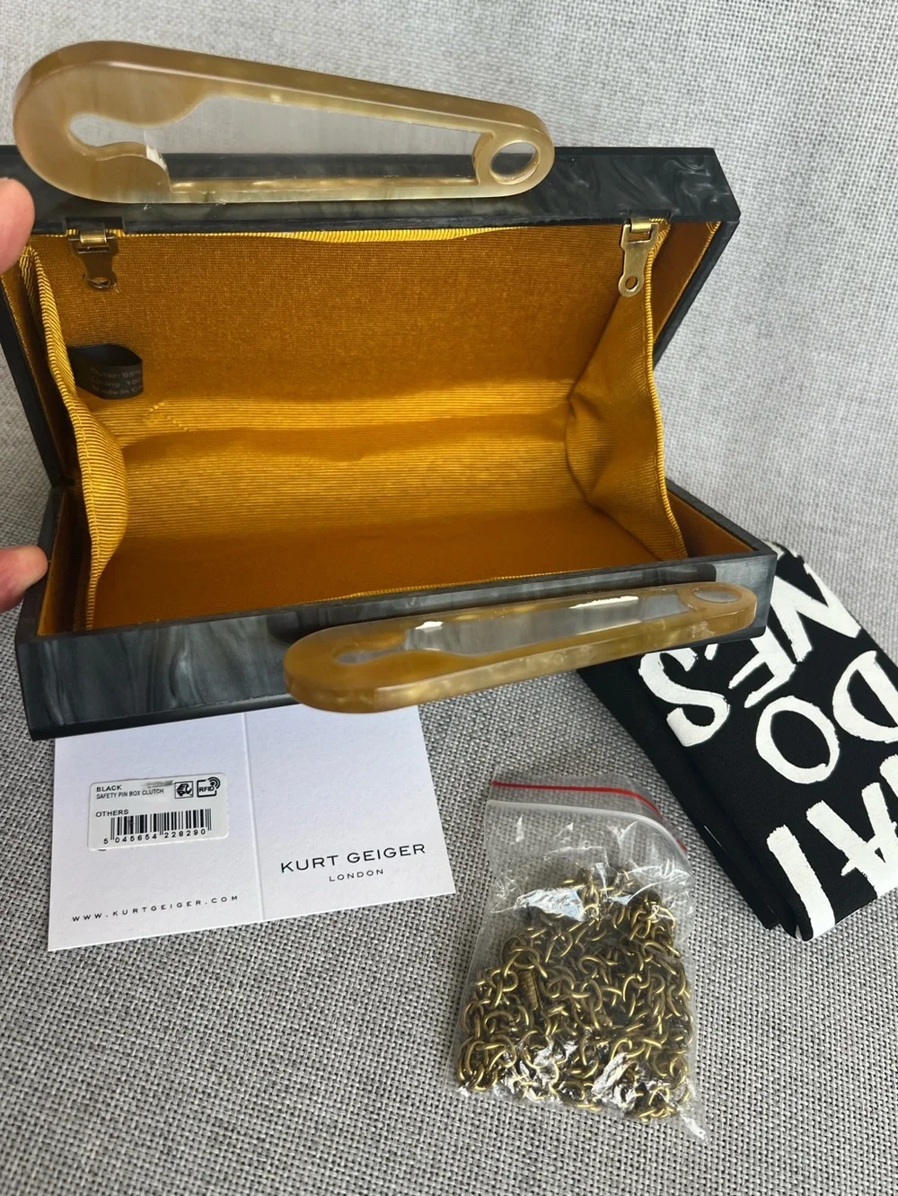 Kurt Geiger Kensington safety pin box clutch on chain gray mother of pearl NWT
